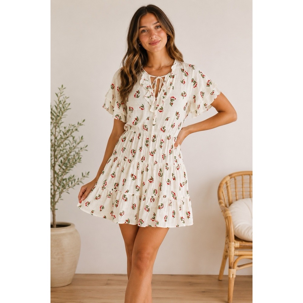 BTFL-Life Cherry Print Mini Dress Ruffle Sleeve Tie Neck Ivory Red Berry Size M